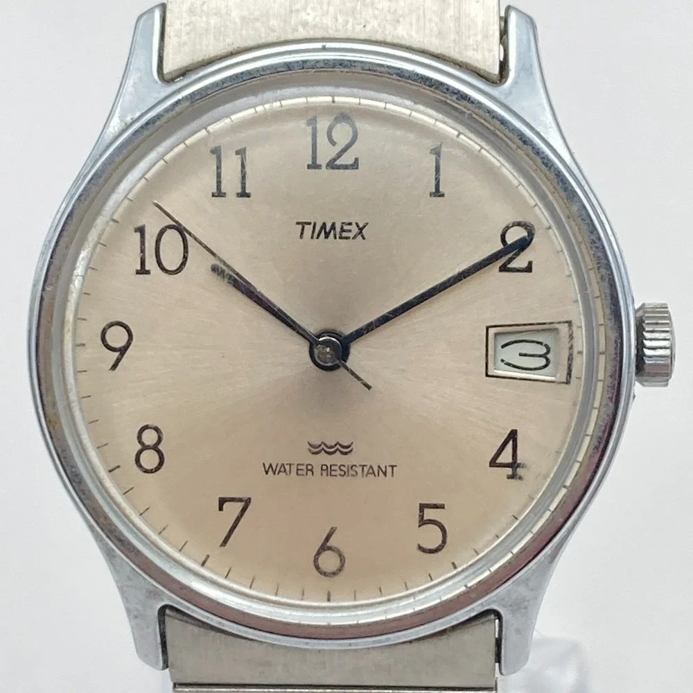 Vtg Timex Marlin Men's Watch 34mm Silver Tone Date Stretch Band Manual Wind 1989